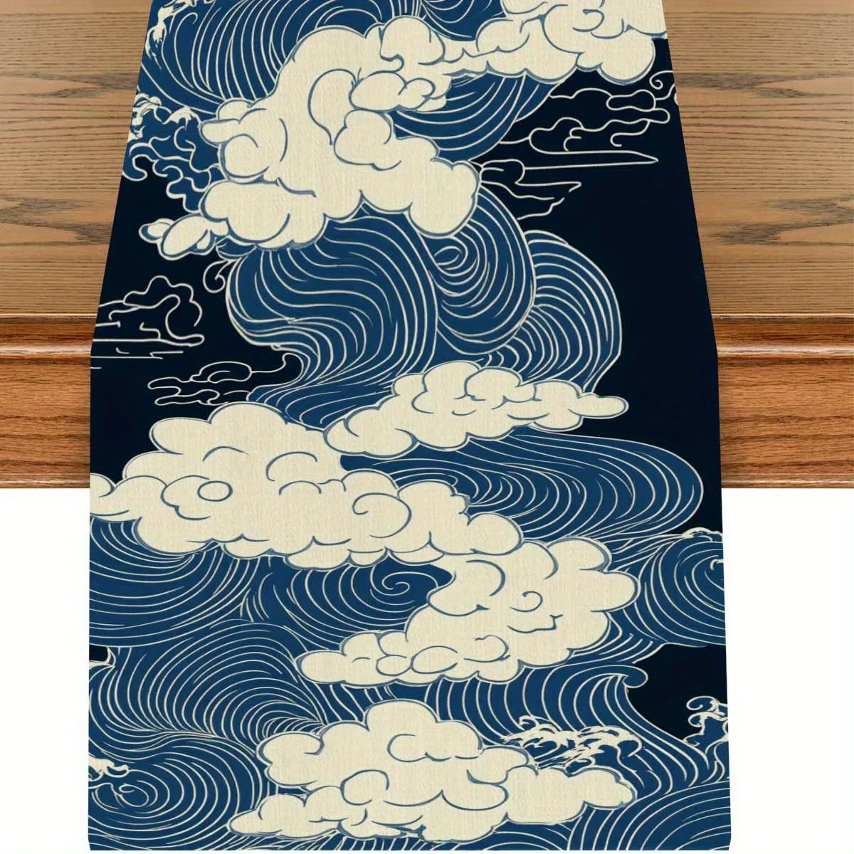Blau-weißer Ukiyo-e-Tischläufer, japanischer traditioneller Wellen- und Wolkendruck, exquisite Handwerkskunst, Heimkunstdekoration
