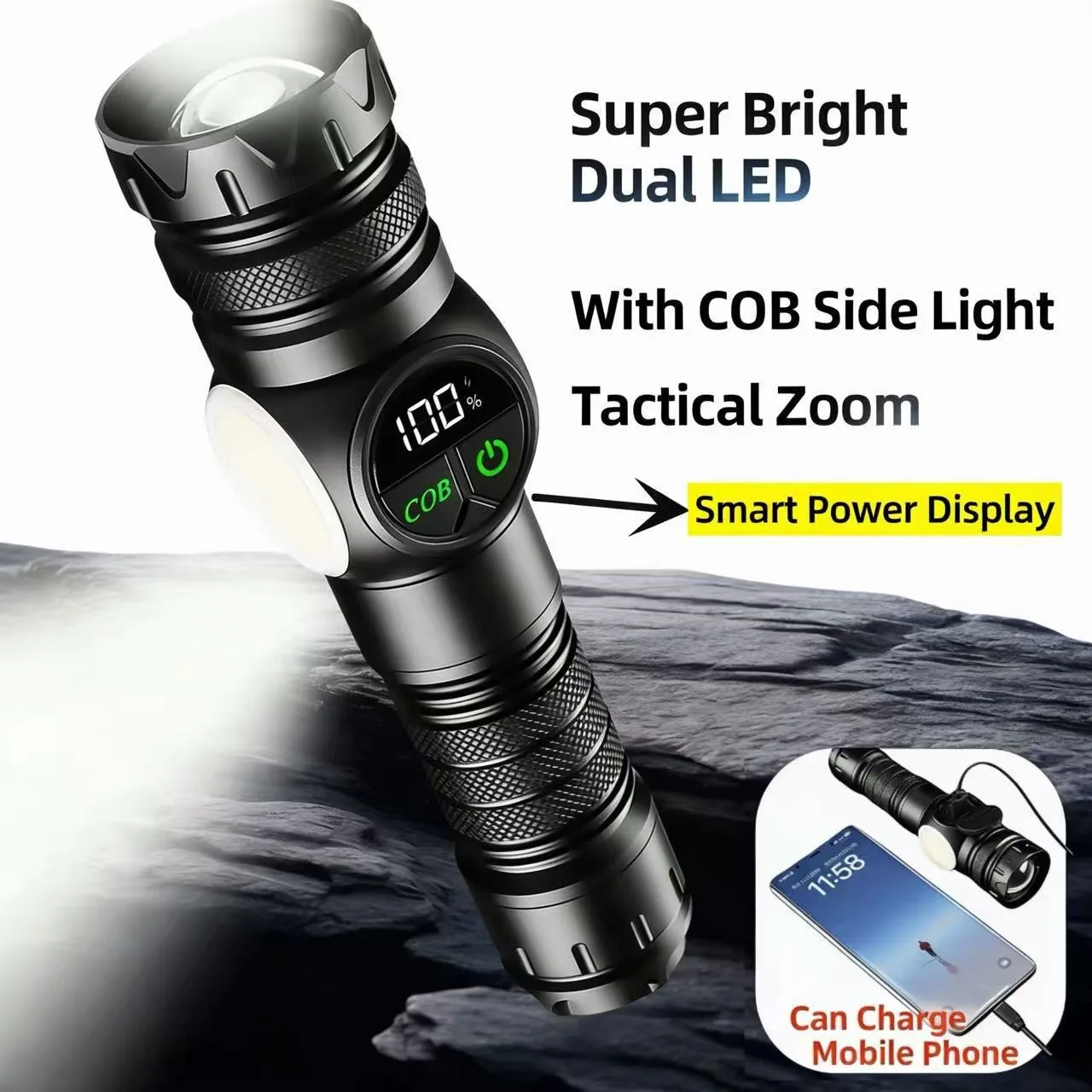 USB Rechargeable Tactical Flashlight with COB Side Light High Power Magnetic Fishing Camping Zoom Lantern Outdoor Torch