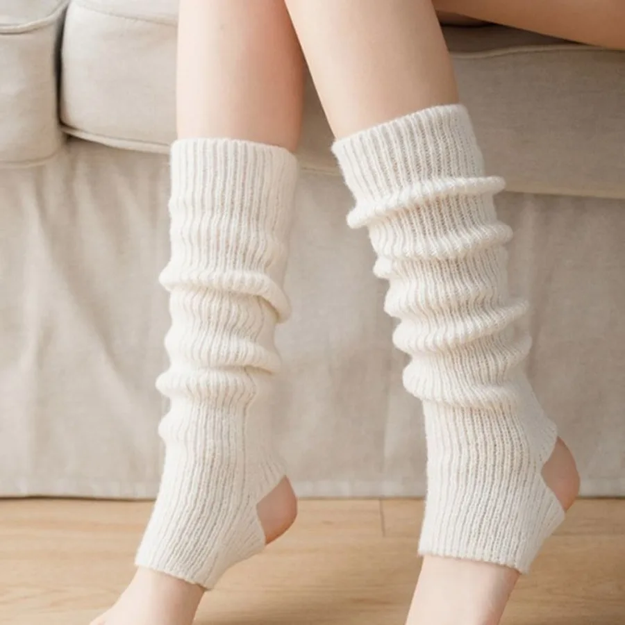 2 pairs of women's cuffed knit calf socks, solid color, thickened for autumn and winter