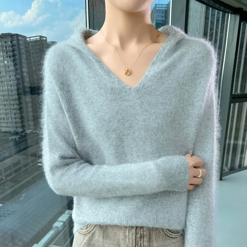 

Осень и зима, новый свитер, однотонная норковая кашемировая вязаная толстовка с капюшоном, женский джемпер, корейская версия, свободный пуловер с воротником с капюшоном