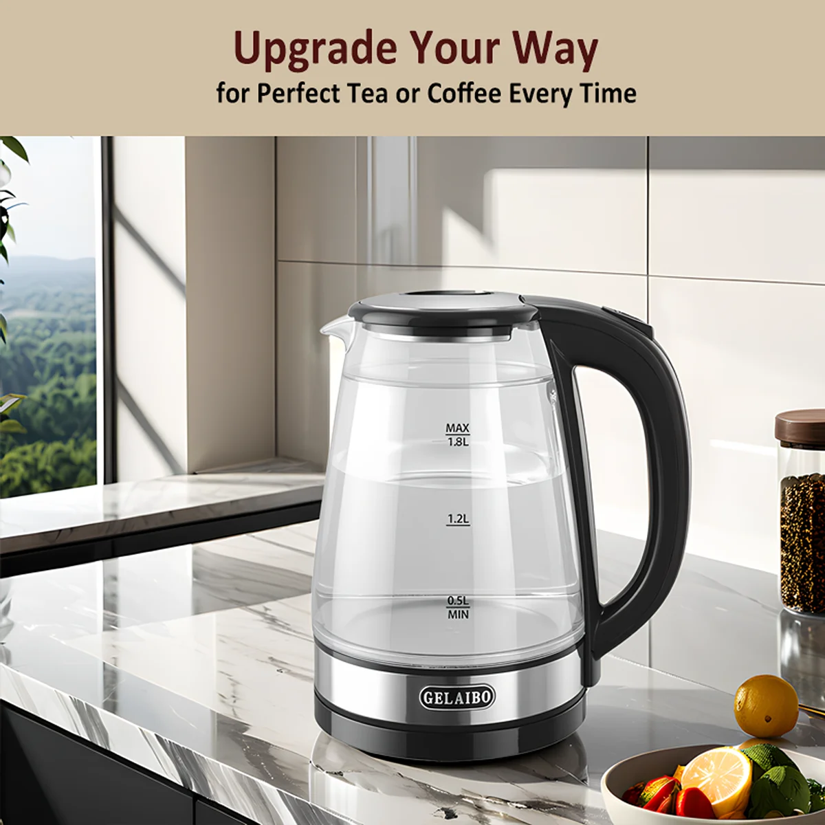 غلاية ماء كهربائية 1.8 لتر ، غلاية ماء شاي ، مناسبة للمياه الساخنة والقهوة والشاي ، مع إغلاق أوتوماتيكي ، وظيفة حماية الغليان، BPA غير مدرجة ، مصباح LED، غلاية مياه وسخان من الزجاج والفولاذ ،مثالية للمنزل والسفر