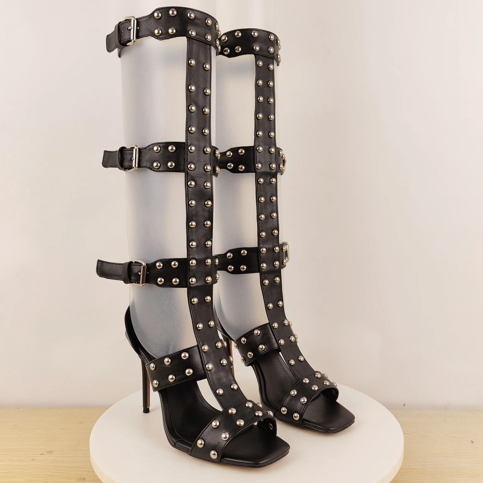 Women's Black Leather Gladiator Knee-High Heeled Sandals Studded Multi-Buckle Strap with Square Toe for Festivals Night Out Punk