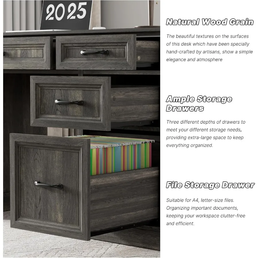 58 مزرعة مكتب تنفيذي خشبي مكتب منزلي مع أدراج خزانة ملفات منقوشة الملمس التخزين المنظم مكتب الكمبيوتر fo