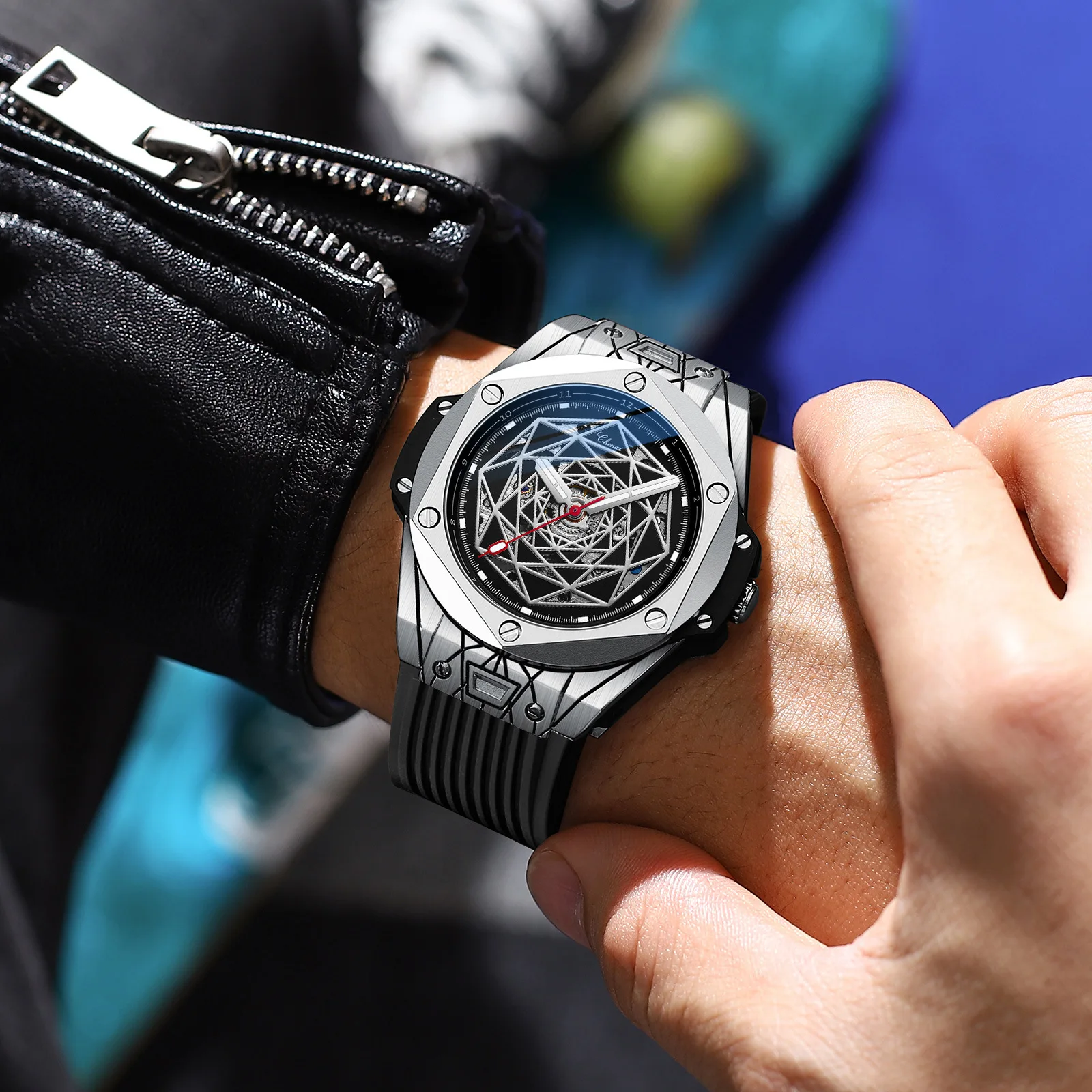 

Легкие люксовые модные водонепроницаемые автоматические механические мужские часы в стиле тату-машинки