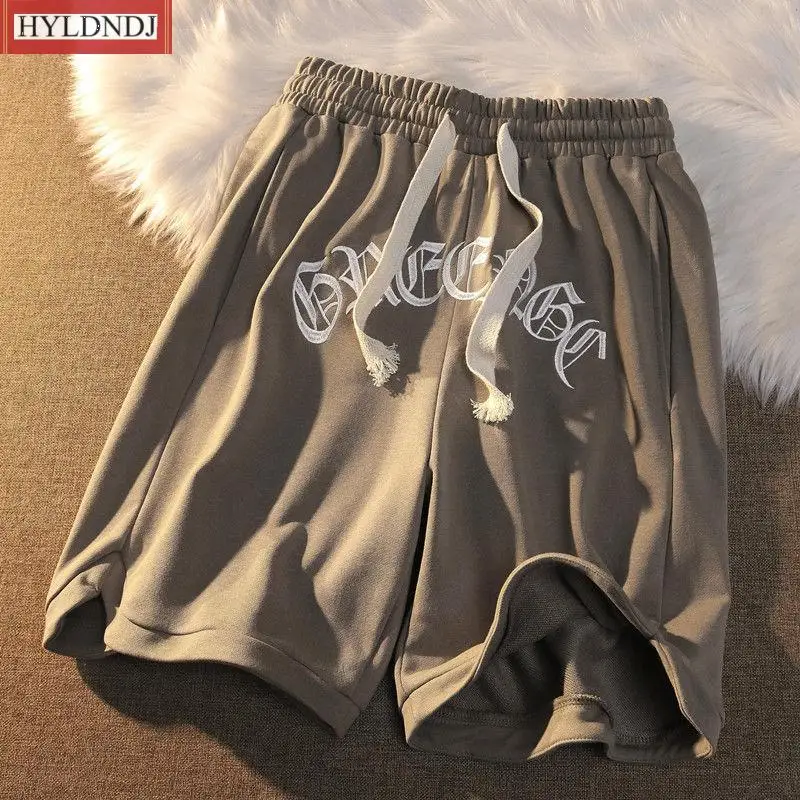 Shorts de streetwear casual de cinco pontas masculino, bordado com letra vintage, elástico na cintura, roupa exterior solta, verão, novo, 2022