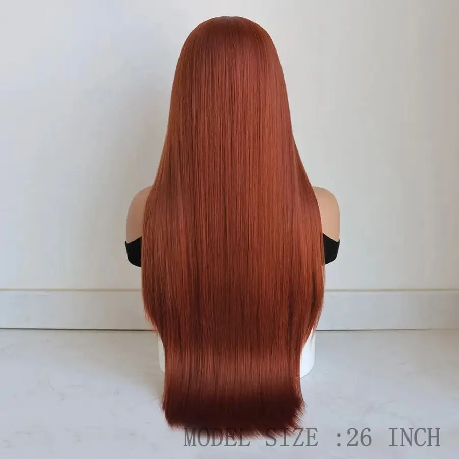 Parrucca anteriore in pizzo sintetico marrone rossastro donna 80CM può essere utilizzata per raddrizzare i capelli ricci parrucche Glueless Cosplay capelli pronti da indossare.