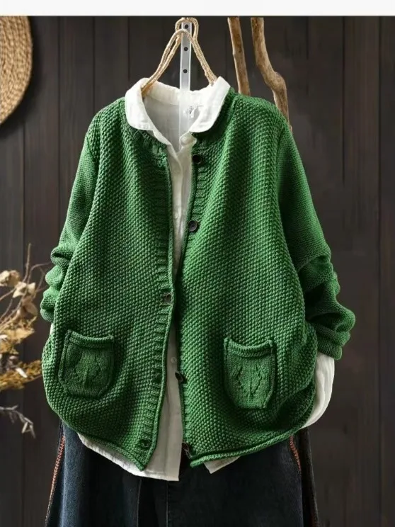 秋の新作ゆったりカジュアルロングスリーブニットコート綿糸多用途シンプルスリーブ快適フィットラウンドネックセーター