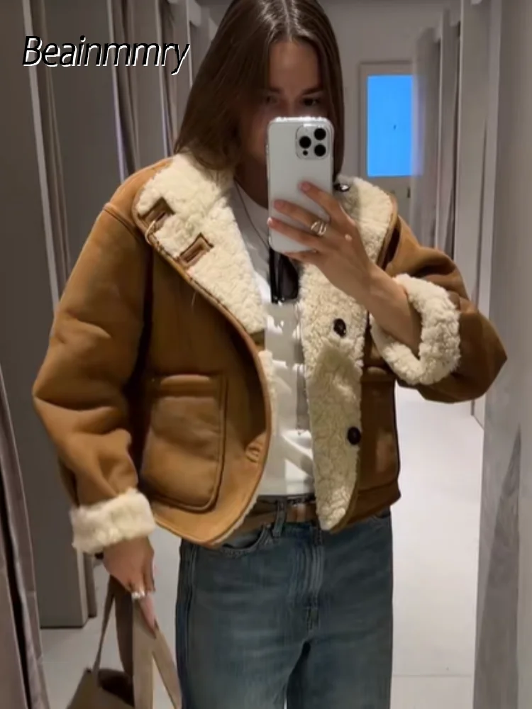 

Women's Reversible Lamb Woolen Jackets Short Loose Stand Collar Coats Warm Single-breasted 2025 Commute Office Lady Outerwears