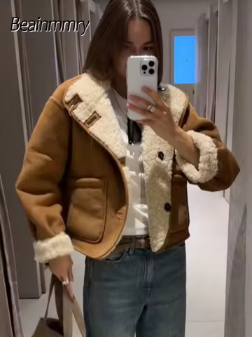 Women's Reversible Lamb Woolen Jackets Short Loose Stand Collar Coats Warm Single-breasted 2025 Commute Office Lady Outerwears