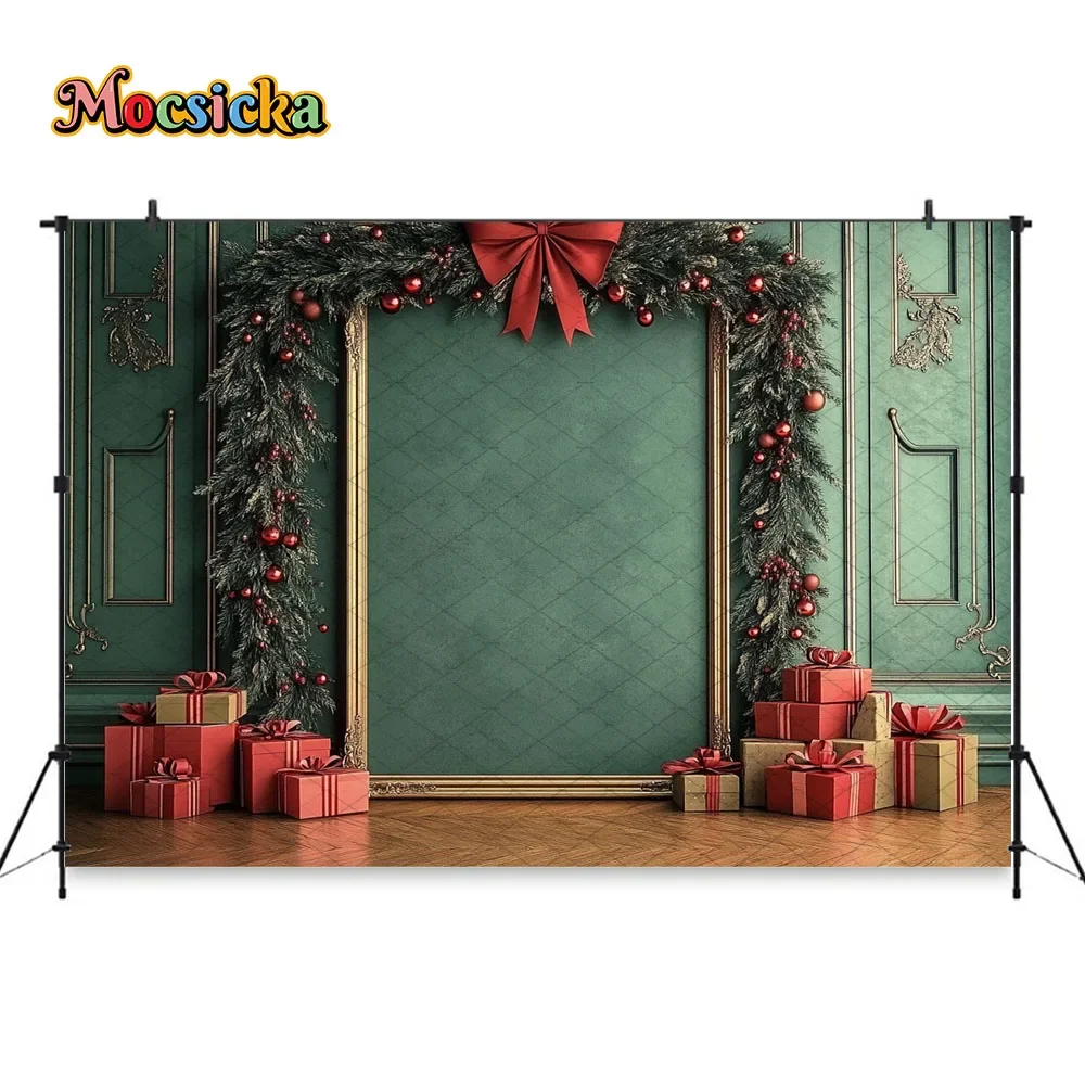 Mocsicka Fondo de puerta de Navidad fotografía Retro verde corona de Navidad regalo arco decoración telón de fondo invierno niños cumpleaños estudio fotográfico