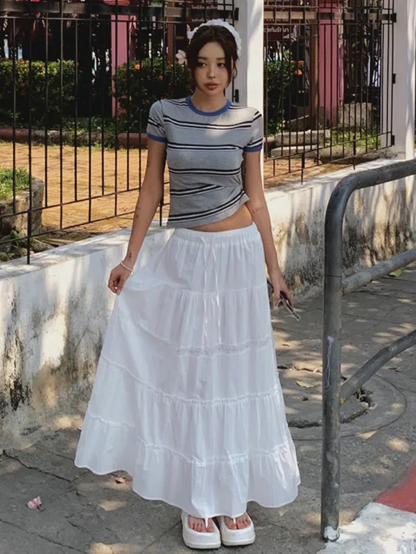 

Chic Vintage High Slit Layered Ruffle Hem Long Skirt Women's Midi Maxi Skirts Spring Anti-Aging Design Sense