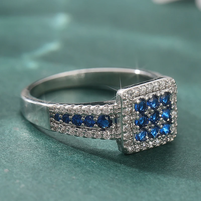 Exquisites Eingelegtes Weiß-Blaues CZ Damen-Ringset Trendiger Silberfarbener Geometrischer Alltags- und Party-Schmuck Jubiläumsgeschenk – Detail 4