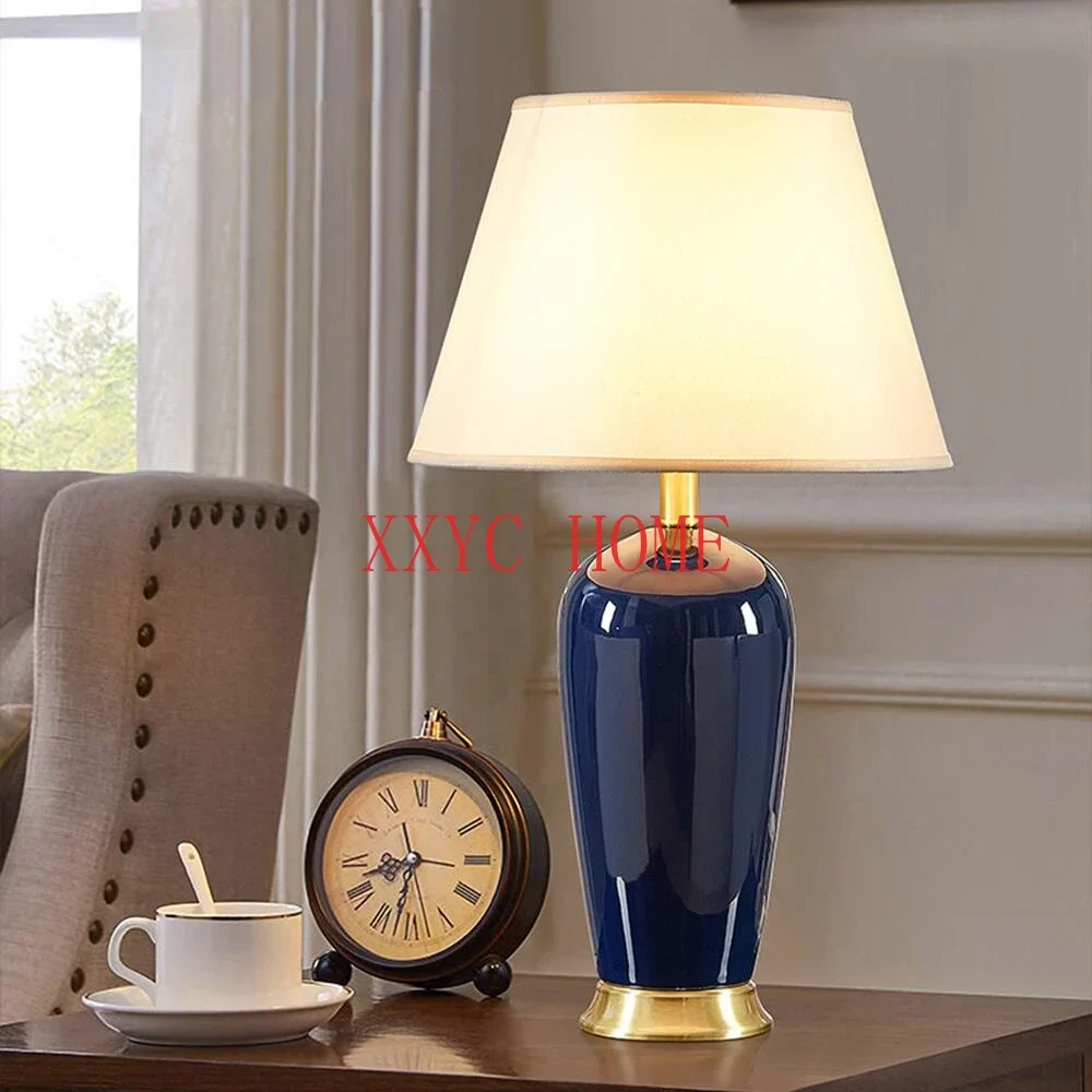 

Ceramic Table Lamp Room Decor American Light Luxury Bedroom Bedside Lamp Living Room Dark Blue Remote Control Desk Lamp