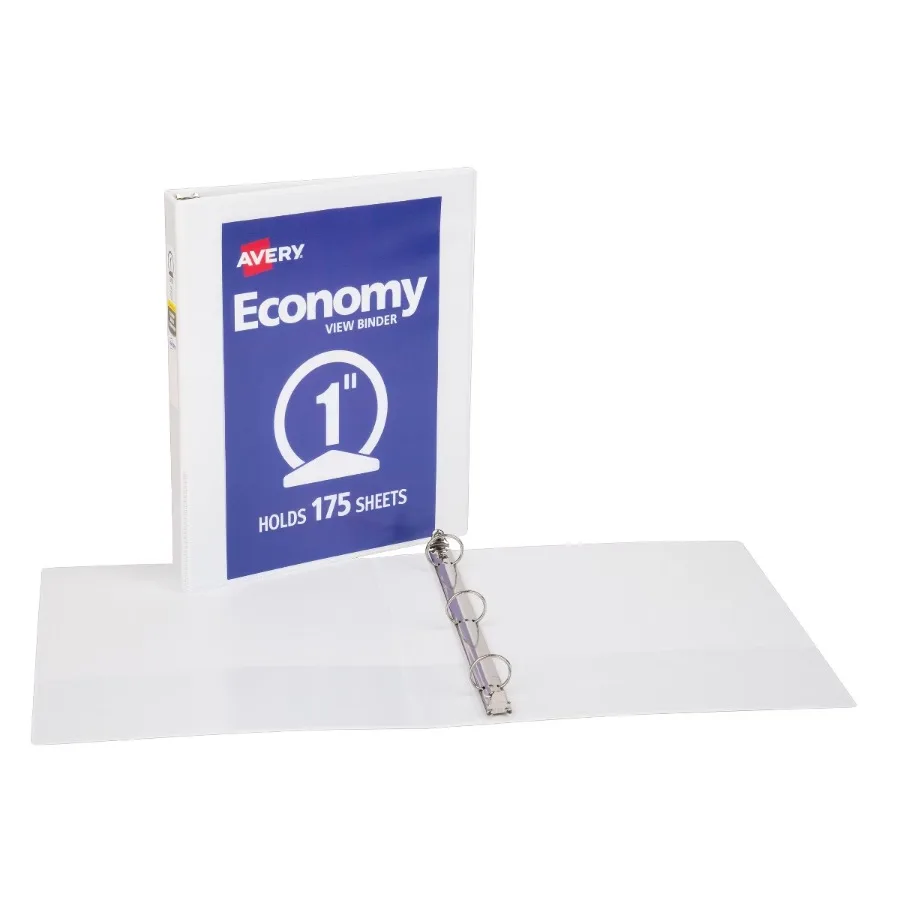 

1" Round Ring Binder 175 Sheet Capacity Economy View Binder - White: Professional 3 Ring, Hard Cover, 1in
