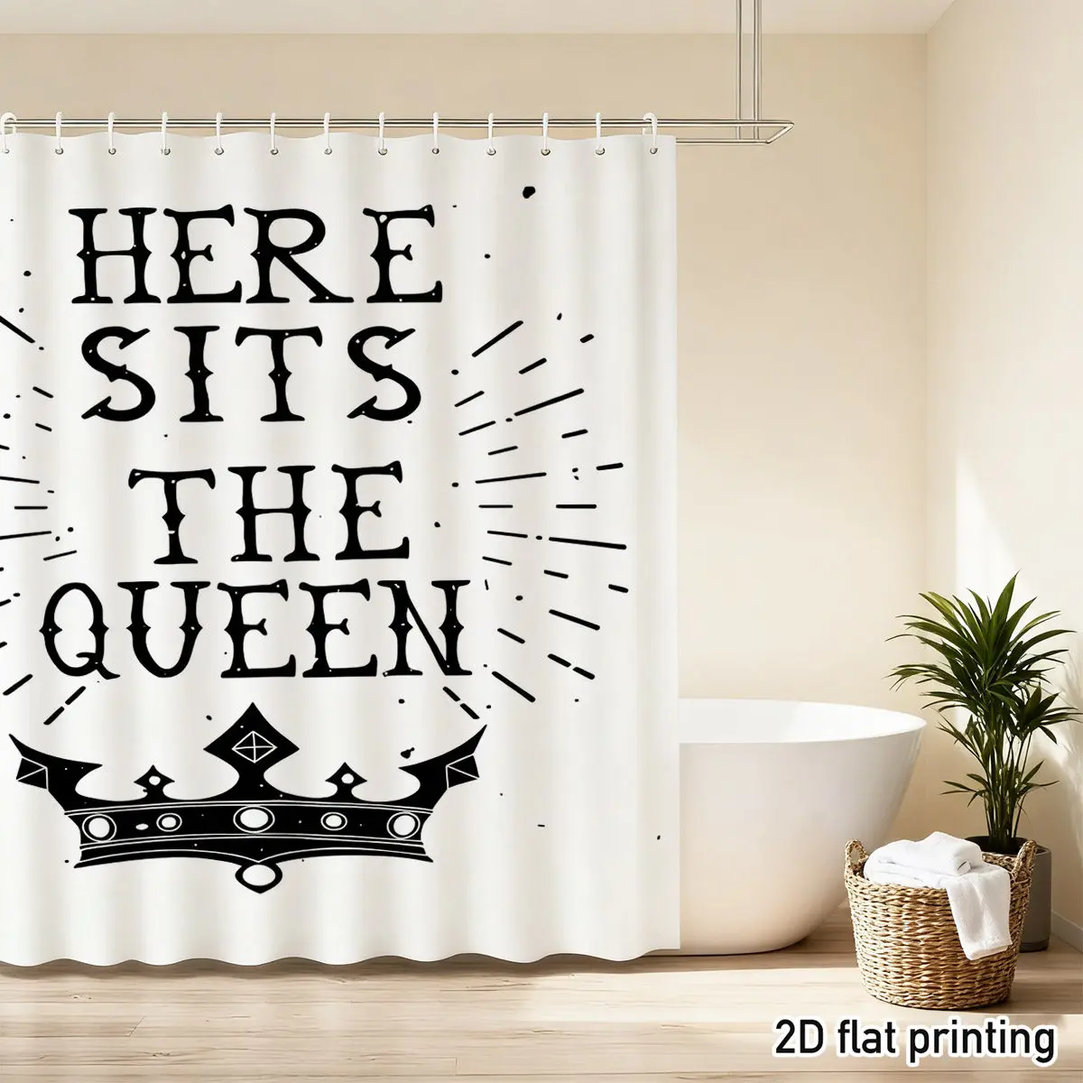 

Занавеска для душа "Here Sits the Queen" – винтажная черная типографская надпись с короной, 2D плоский принт, полиэстер, 12 отверстий для крючков, 70,8"x70,8"