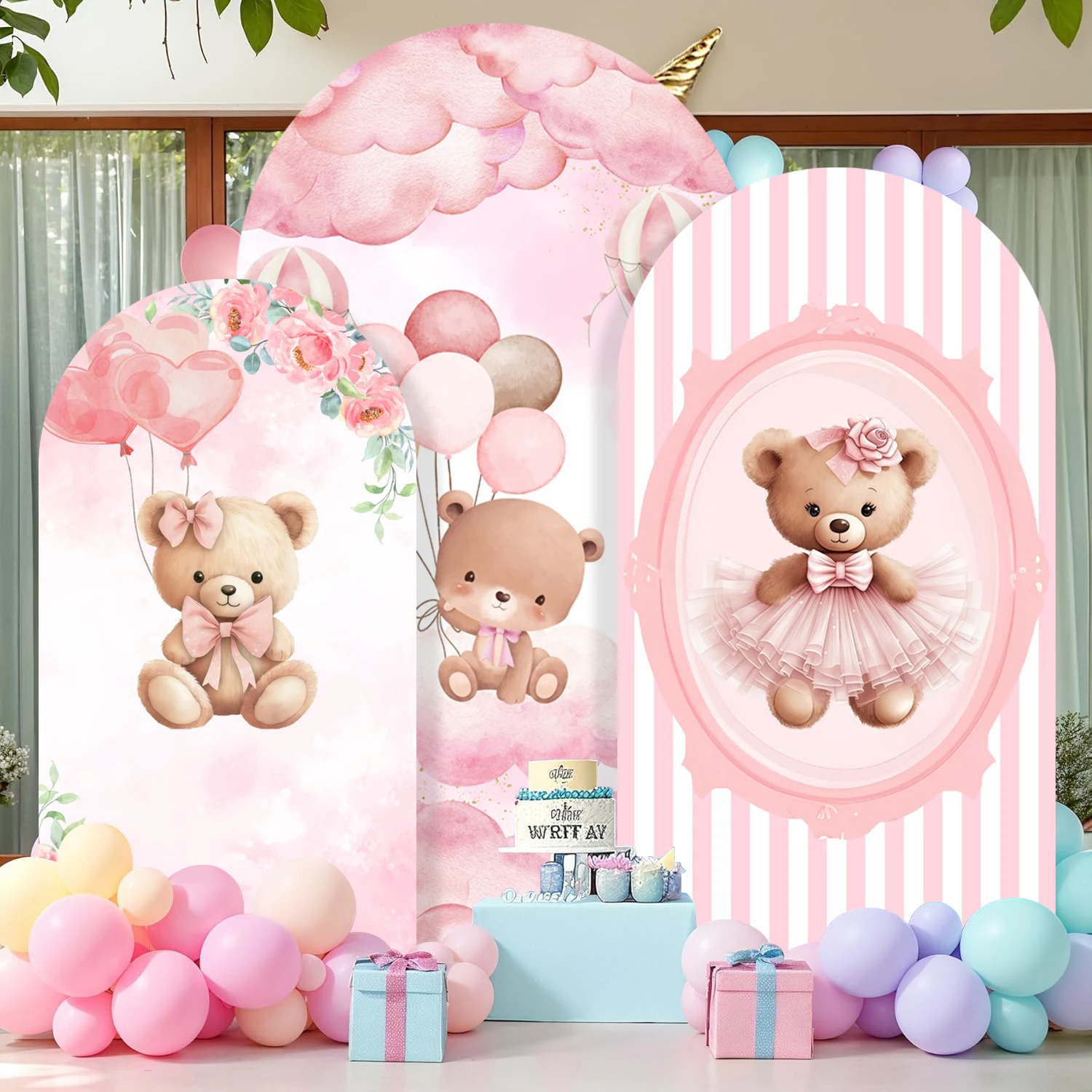 

Фон-арка Yeele с плюшевым мишкой для девочек, декор для дня рождения, украшение для детского праздника, розовый фон с воздушными шарами и цветами
