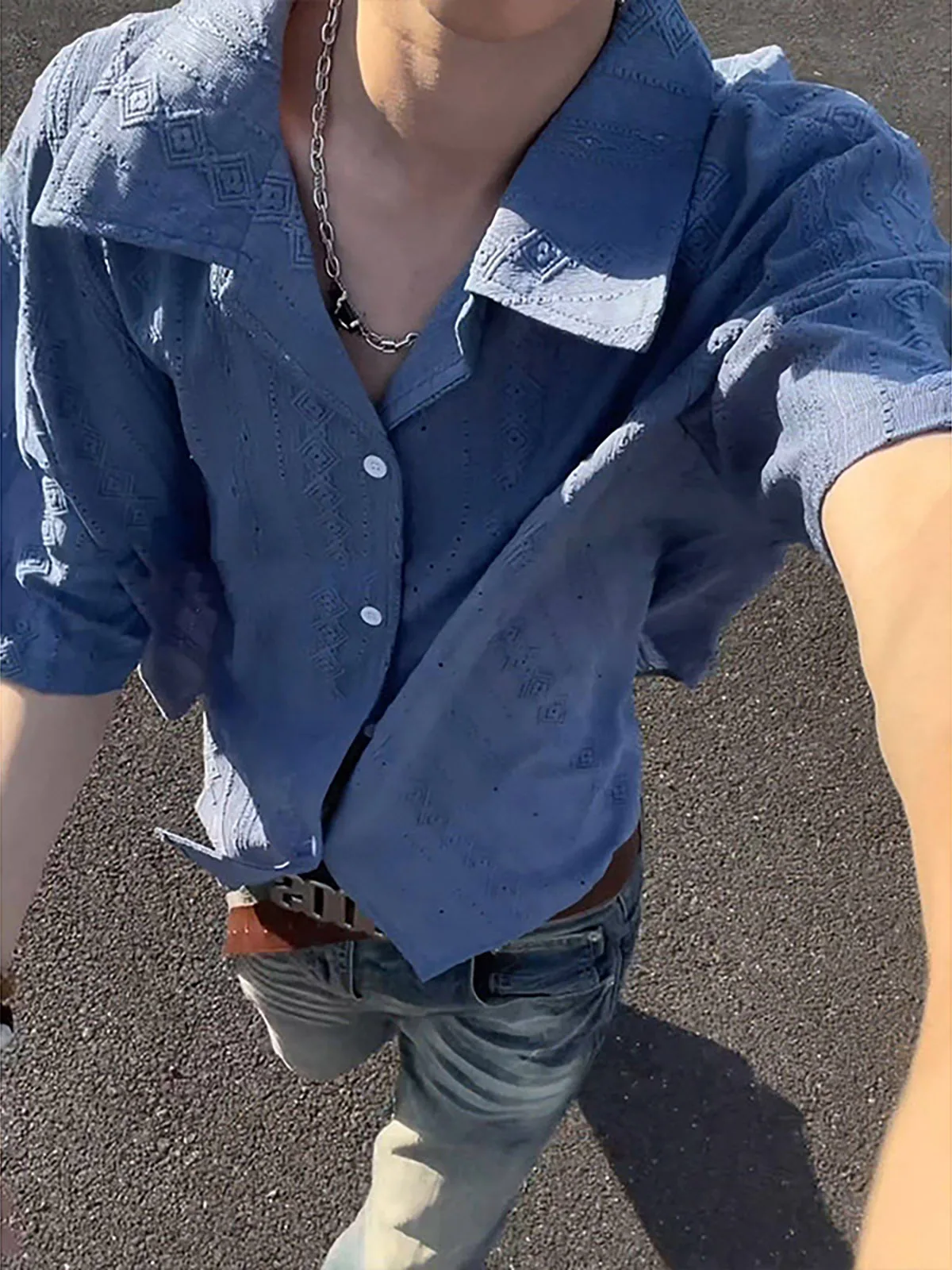 Cuban Collar Embroidered Open Cardigan Shirt Men's Summer Textured Short Sleeve Half Sleeve Button down Casual Style Shirt
