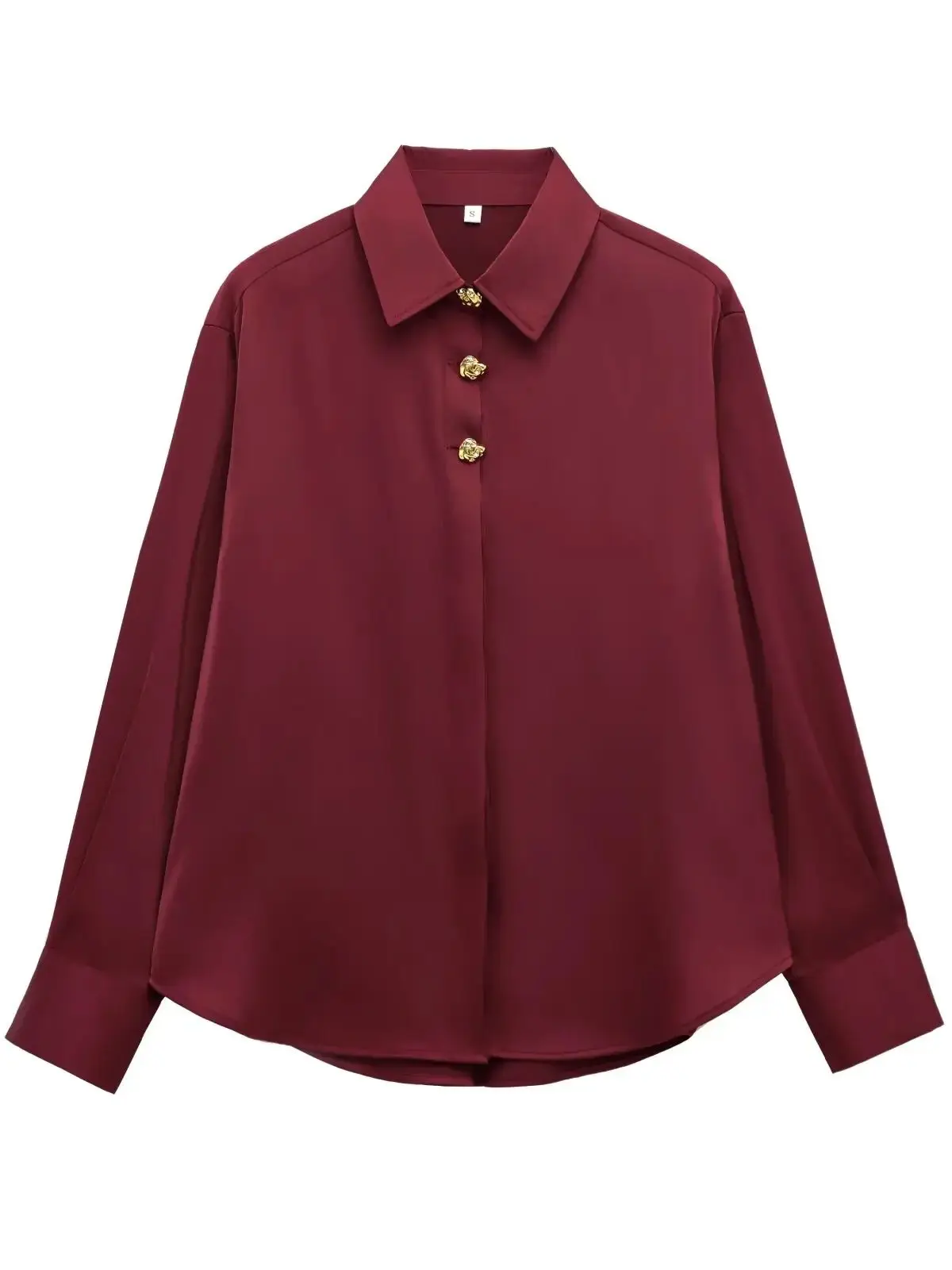 2025 Summer Fashion Women's Casual Elegant Poplin Long Sleeve Shirt Office Lady Vintage Burgundy Gold Buttons Shirts And Blouses