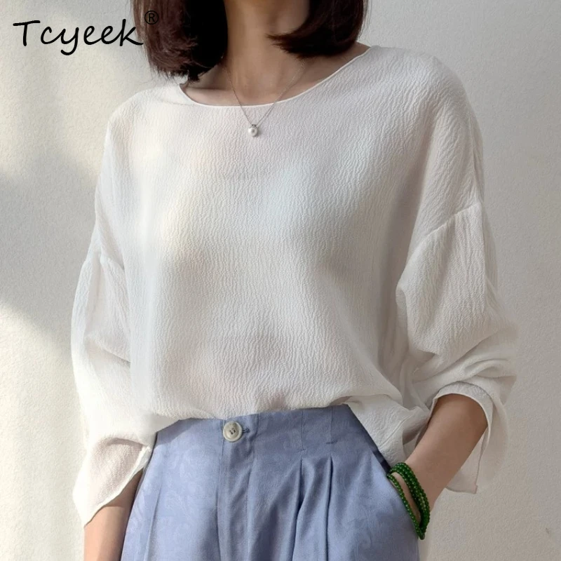 

Tcyeek 100% Real Silk Shirts for Women 2026 Spring Summer Comfortable Loose Long-sleeved Shirt Clothes for Ladies Tops De Mujer