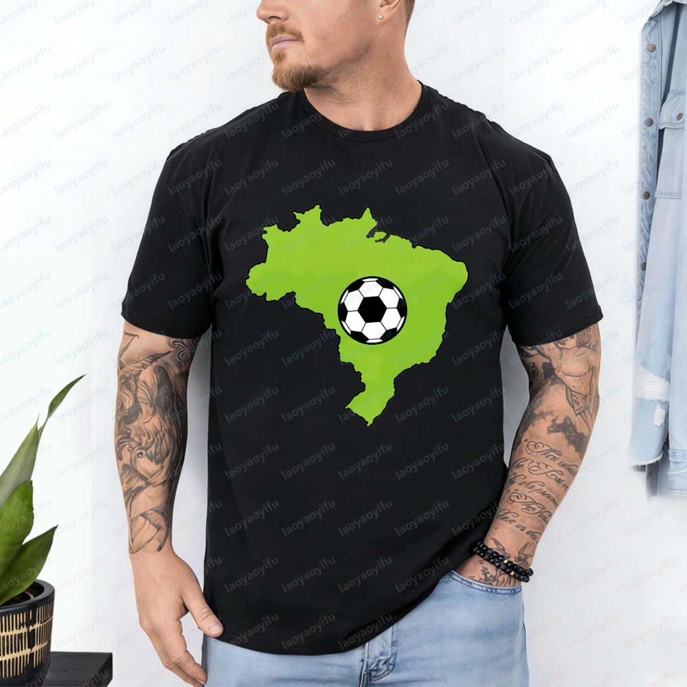 

Brazil Map Soccer T-Shirt Homme Green Brazil Map Casual Cotton Tee Match Day Soccer Part Supplies Vintage Classic Men's Clothing