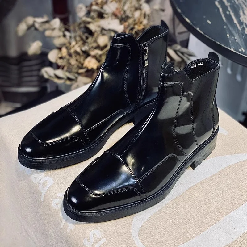 Autumn and Winter Bright Black Zipper Thick Sole Chelsea Boots Cowhide Square Heels Elevated Fashion Large and Small Men's Boots