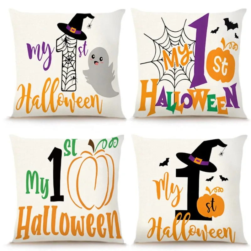 

Halloween Trick or Treat Throw Pillow Covers 45x45cm Set of 4, Holiday Decorative Farmhouse Cushion Cases for Home Ornament