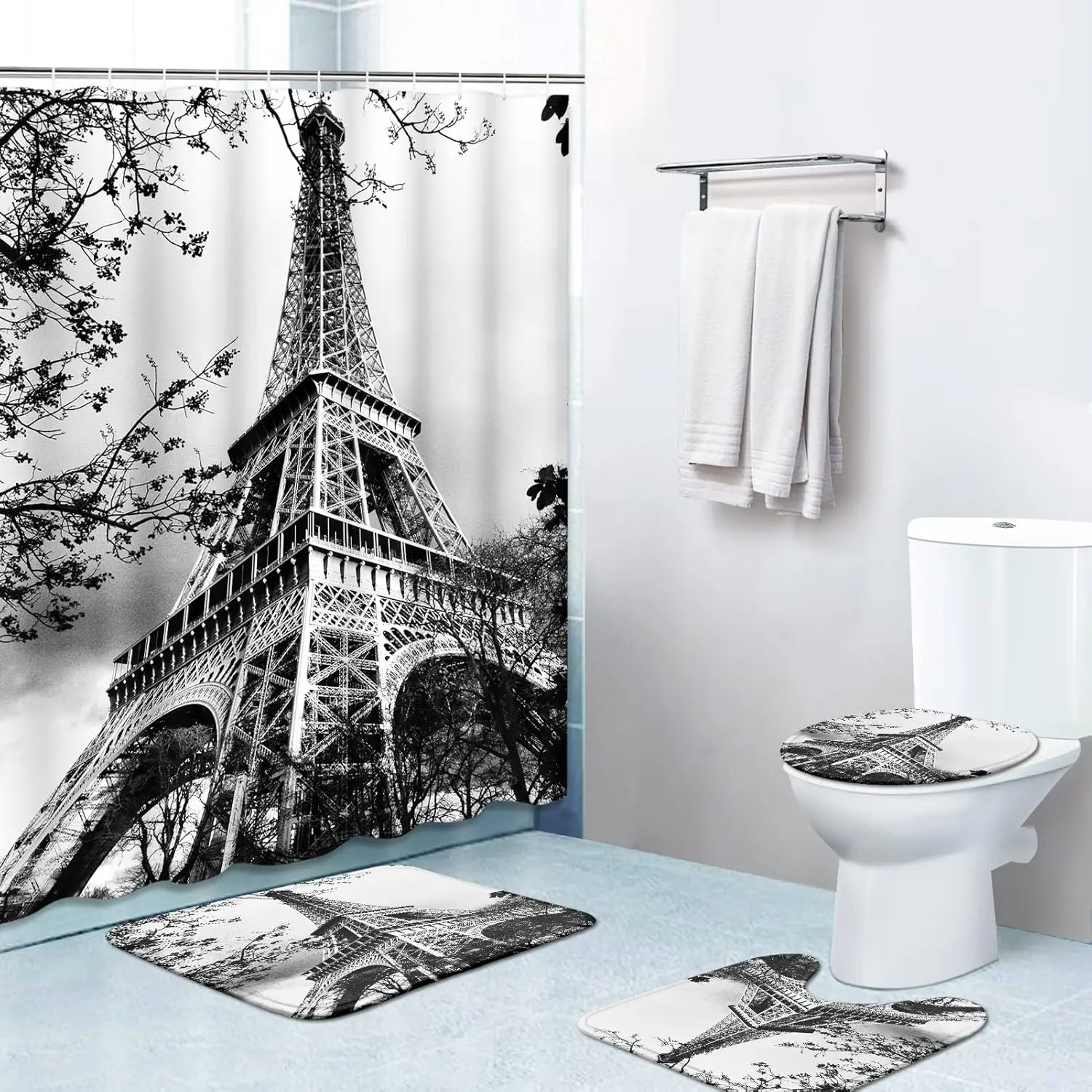 

Костюм для занавески для душа из 4 предметов с 12 крючками, крышкой для унитаза «Эйфелева башня» и ковриком для ванной с нескользящим ковром, для украшения ванной комнаты
