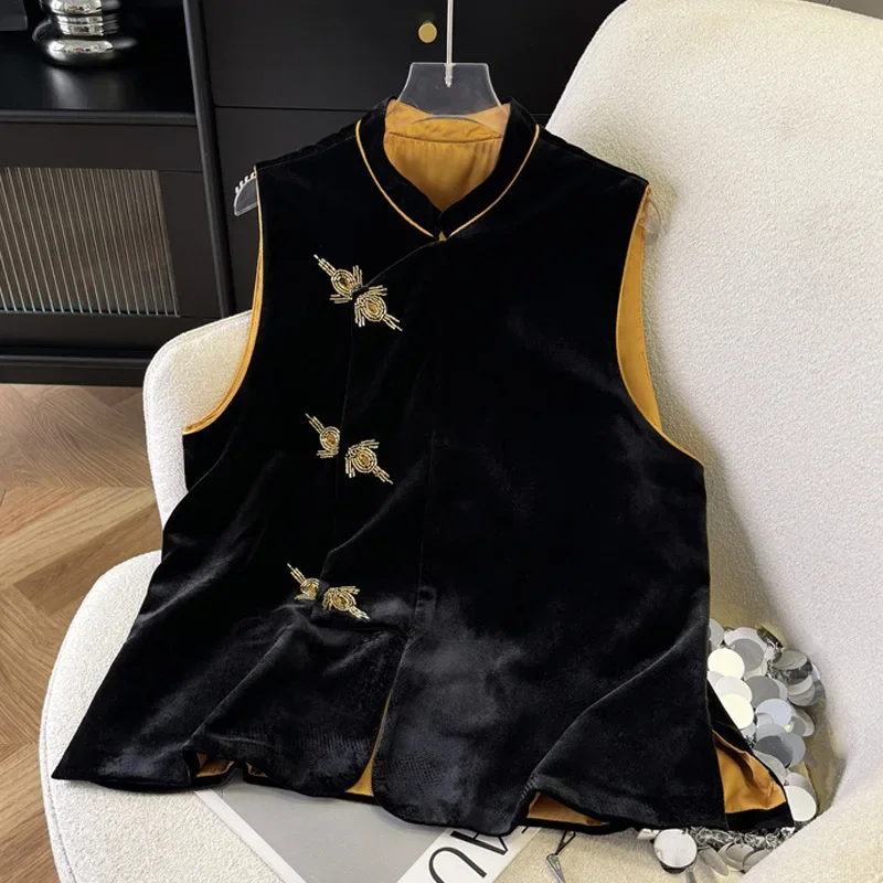 High-End Silk Velvet Vest Women's Chinese Style Sleeveless Top Jacket Mid-Age Fashion Trendy Black Vest Jacket Women's Waistcoat
