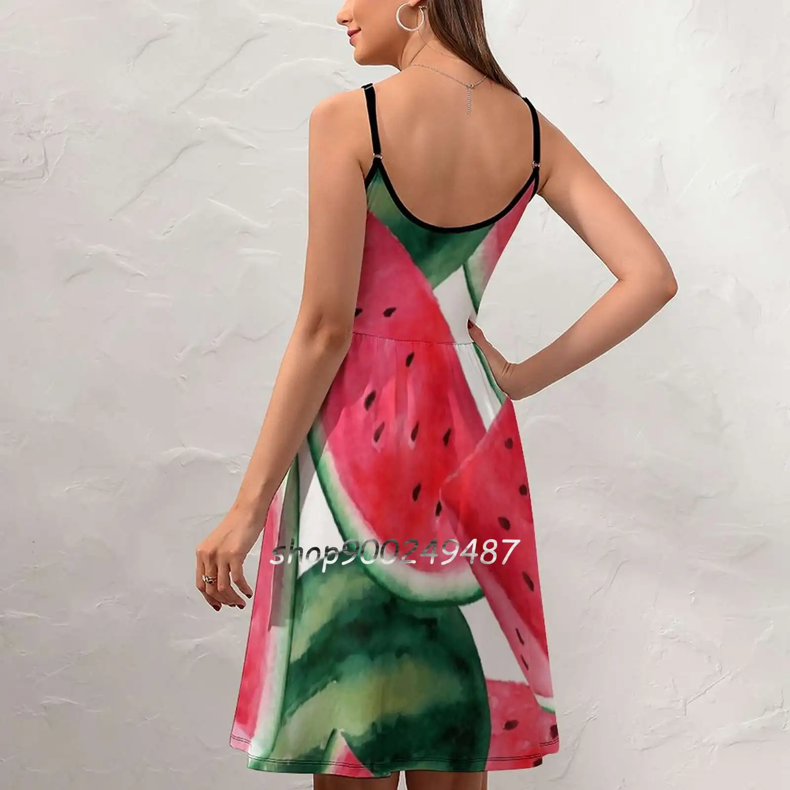 Watermelon. Watercolor Tropical Fruit Sweet Summer Casual Sling Dresses Korean Women Sexy Sundress Watermelon Pattern Food