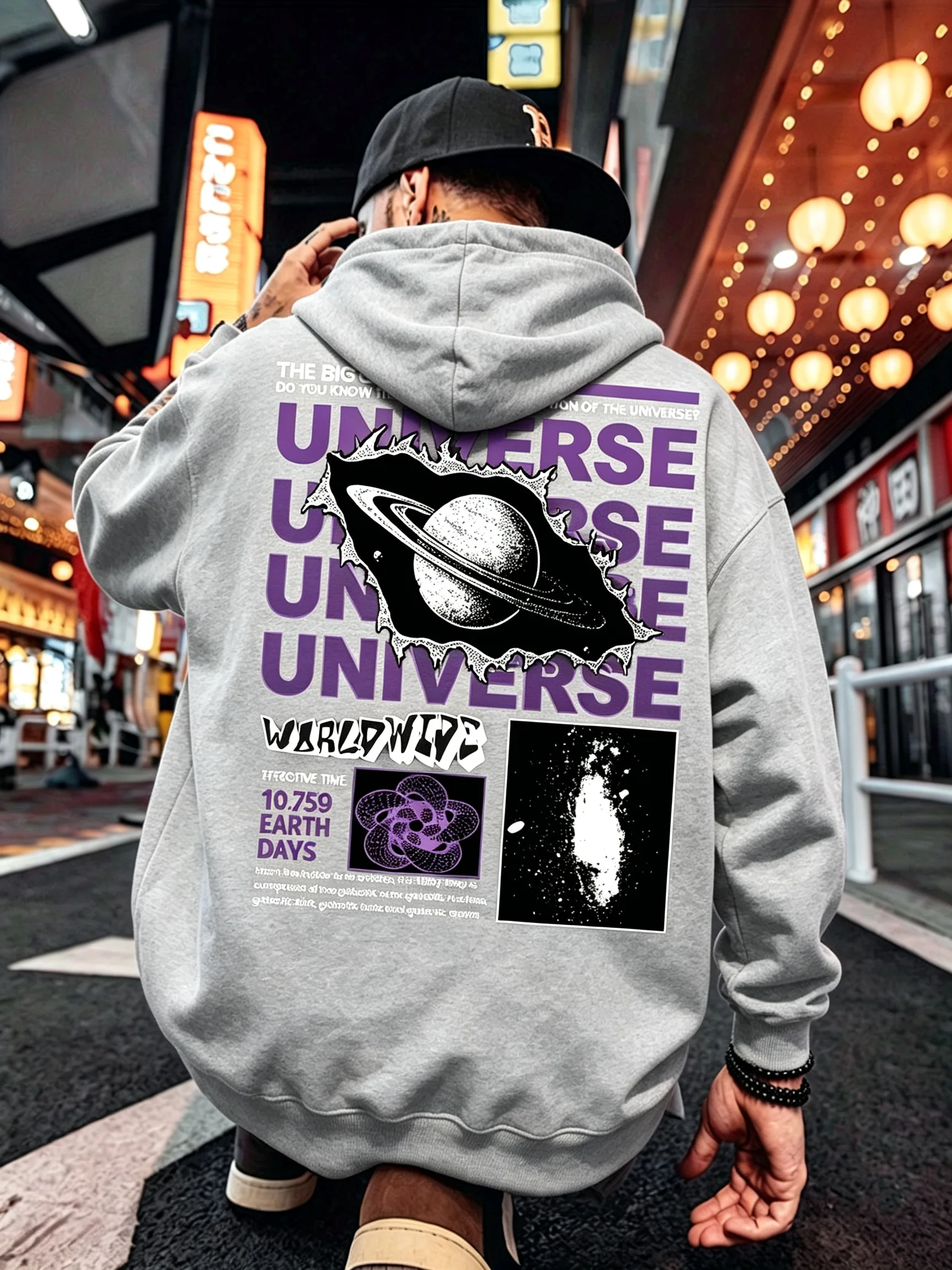 Cosmic Planet Graphic Back Print hoodies for Men casual for autumn winter Urban Streetwear and Casual Outdoor Style