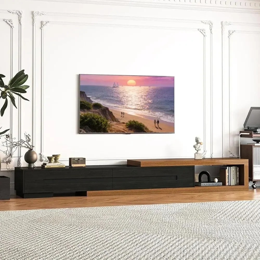 Reversible Wood Media Console with 2 Shelves, Entertainment Center for TVs up to 120, Black & Walnut Finish