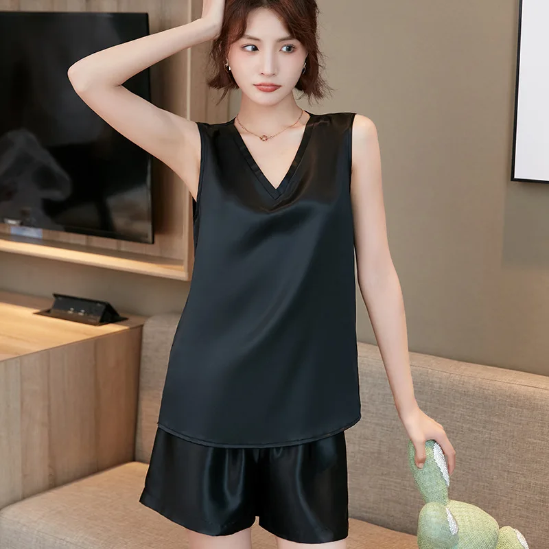 BirdTree, 19MM 100%Real Silk Pajama Set, Women V Neck Sleeveless Solid, Casual Shorts Homewear, 2024 Spring Summer New S43925QM