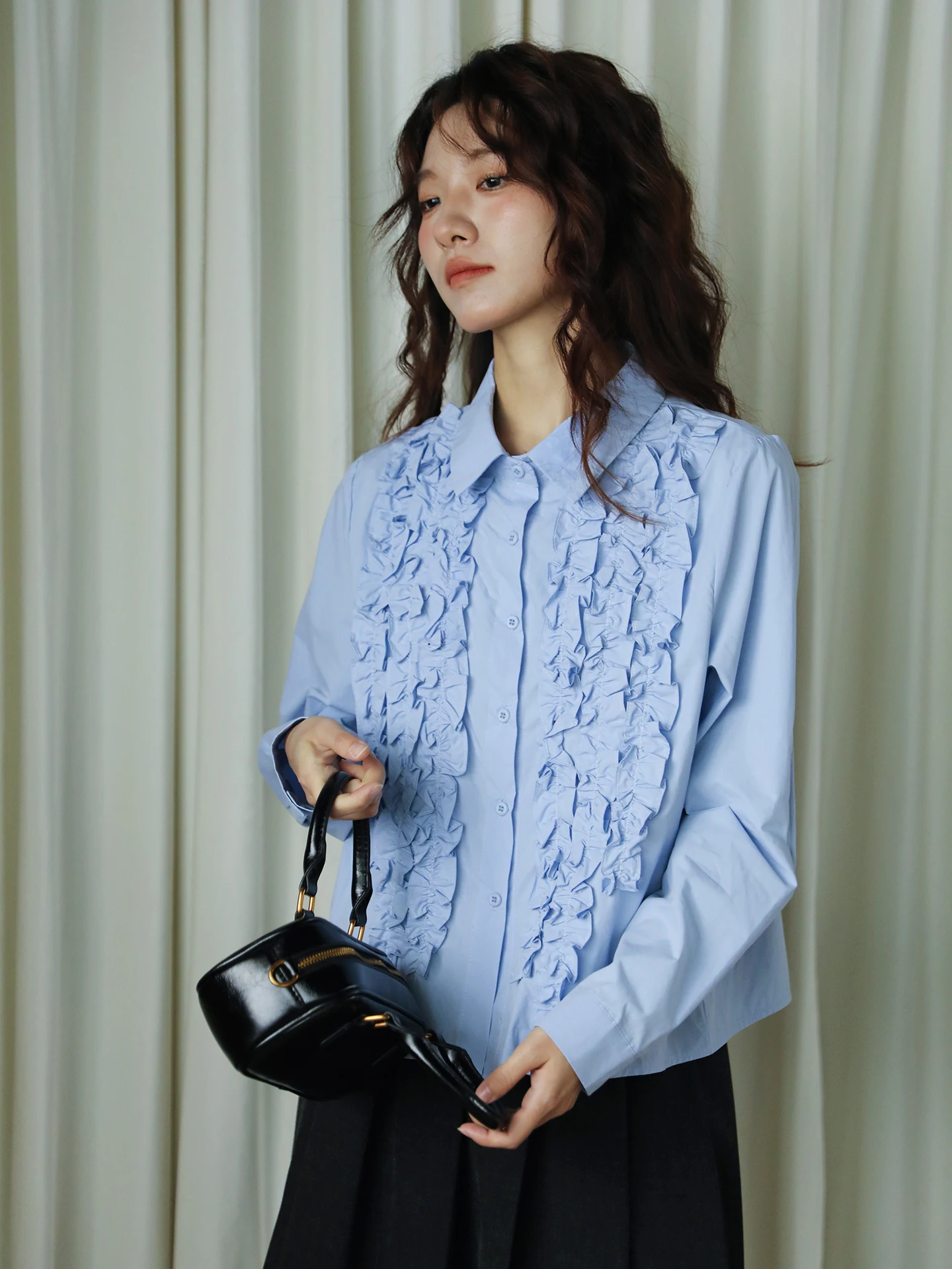 

Blue Versatile Simple Sle Long Sve Collared Women's irt with Lace Trim Decorative Slimming Top Cotton Polyester Blend