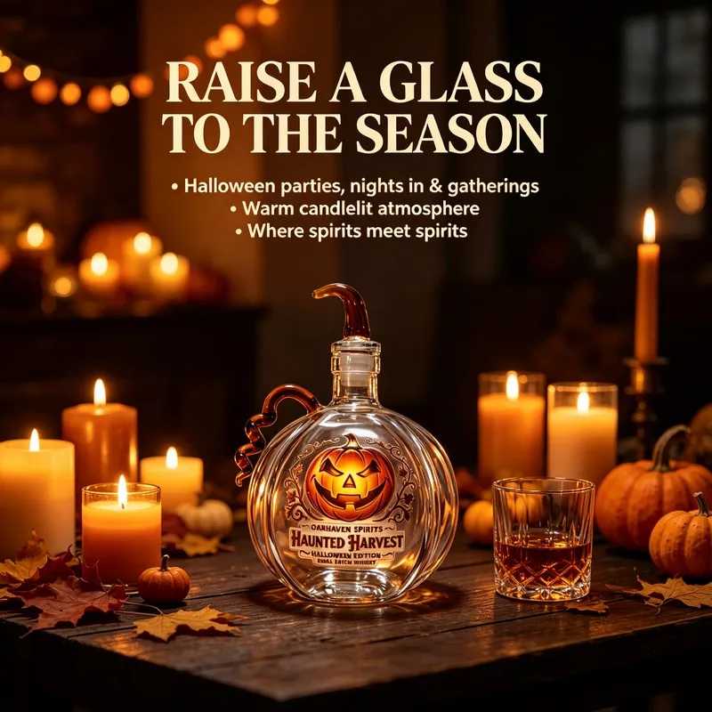 Hand Blown Pumpkin Shape Glass Decanter, Halloween Decor Liquor Whiskey Bottle, Clear Glass Carafe for Home Bar Holiday