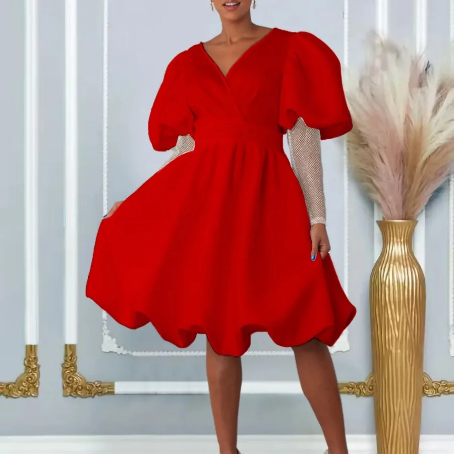 Elegant Africa Wedding Party Dresses for Women Summer V-neck Long Sleeve Polyester White Red Black Evening Dress Africa Clothing