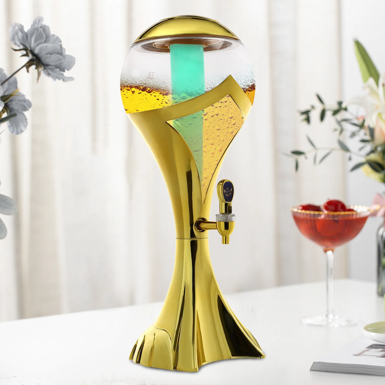

3L Gold Sphere Beverage Dispenser With LED Light Ice Tub Wine Dispenser For Drinks Iced tea Sun tea Lemonade