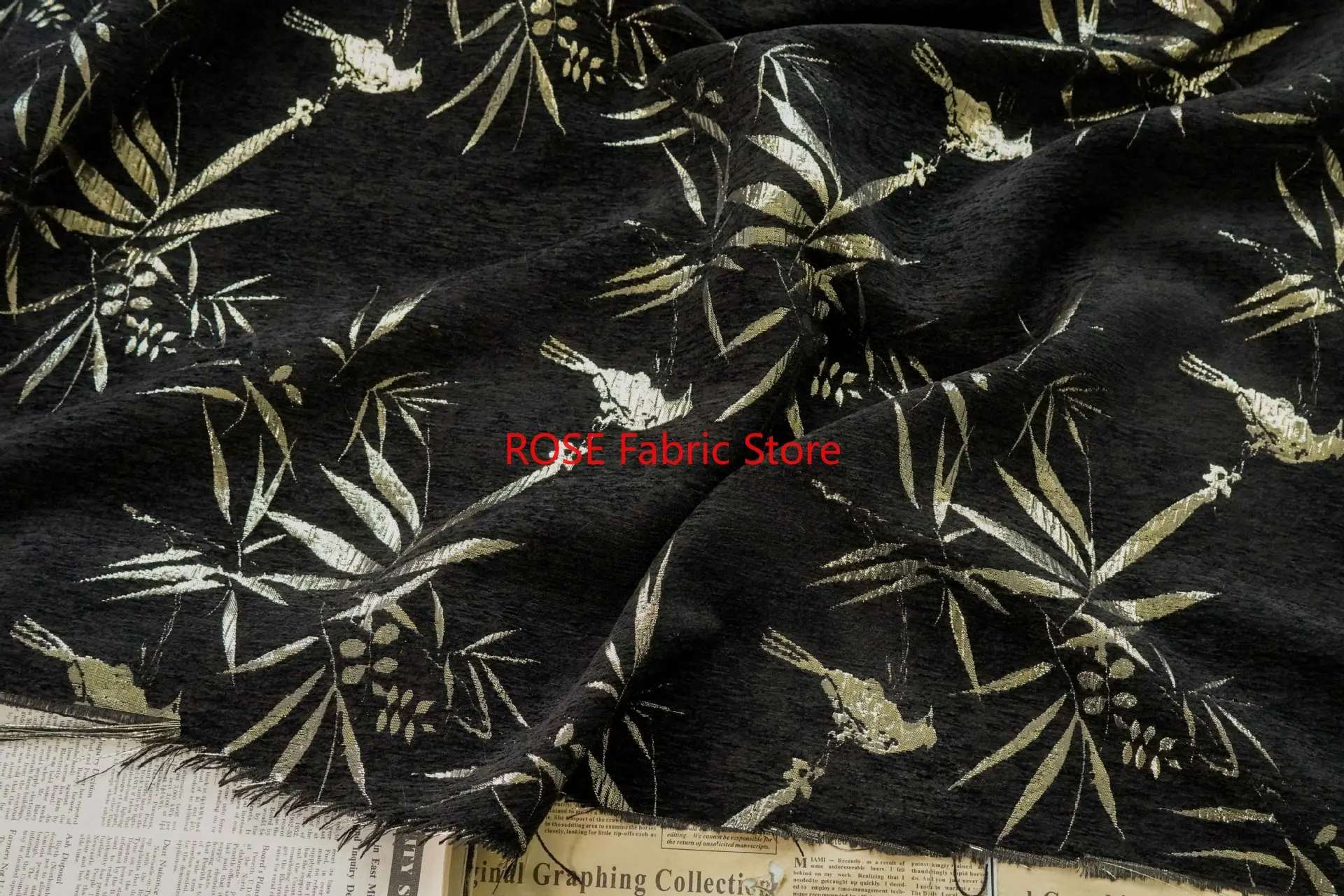 Tessuto jacquard con foglie di bambù in oro nero da 1 metro, abito da donna retrò, gonna soffice, borsa per bagagli, tessuto da cucito decorativo