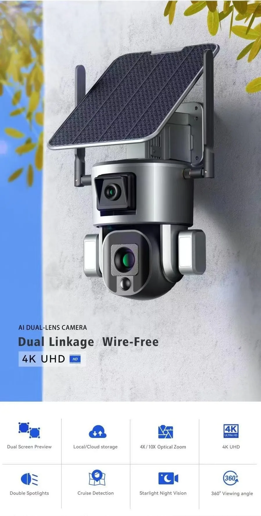 New Model Y5 Camera Outdoor Is A 4k Dual-lens, With Solar Outdoor Wifi Camera, With Waterproof Function Customized Logo