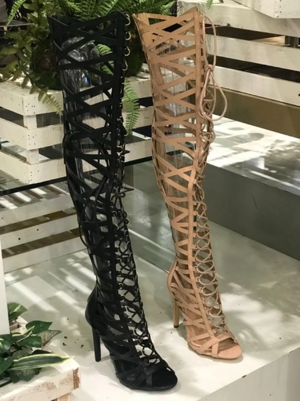 Gladiator Women Summer Sexy Cut-Out Super High Heel Thigh Long Sandal Boots Lace-Up Straps Cross Over Knee Boots Dress Shoes