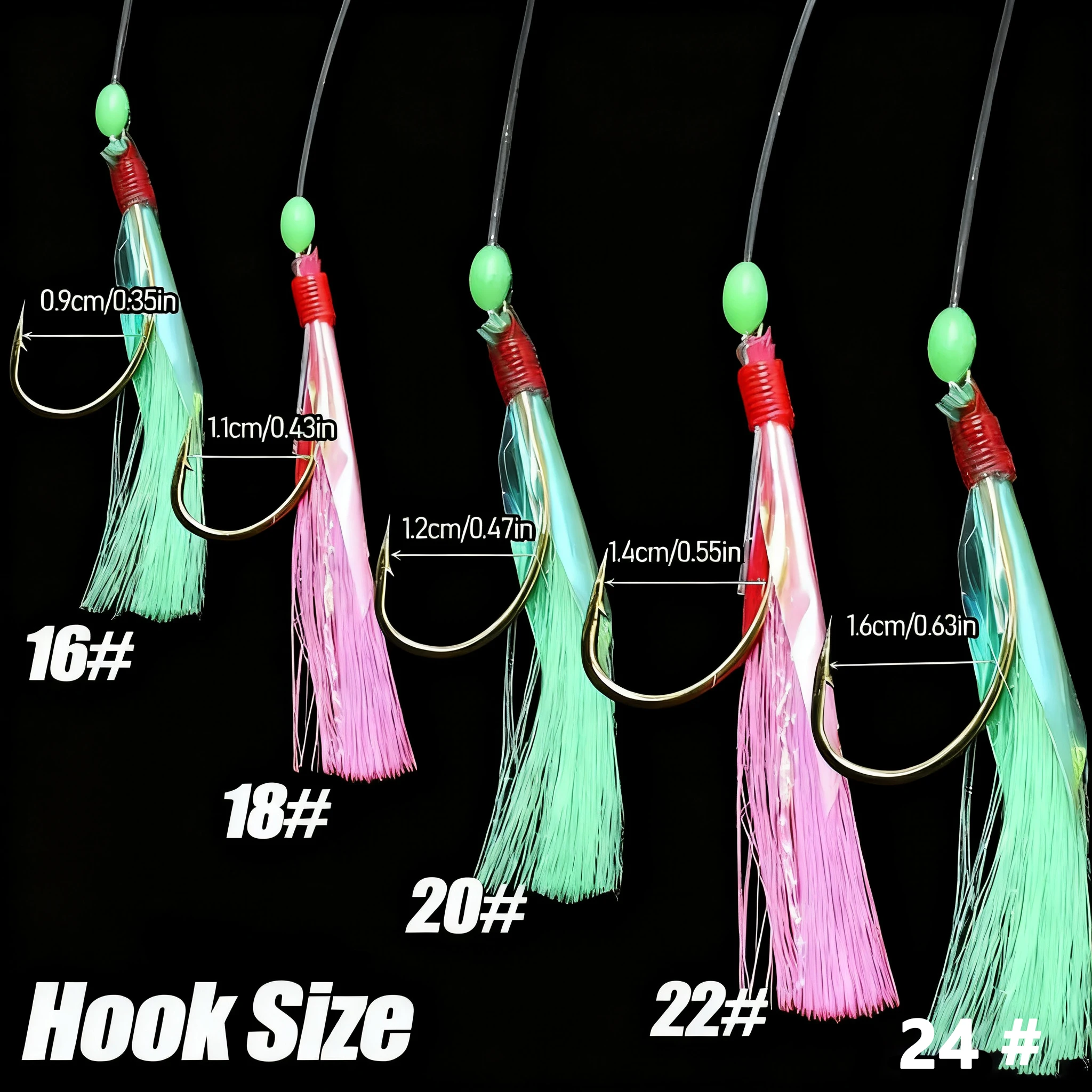 5er-Pack Sabiki Rig Fishing – ideal für Makrele, Bars – inklusive mehreren Haken mit roten und grünen Regenbogen-Papierfischröcken – Detail 2