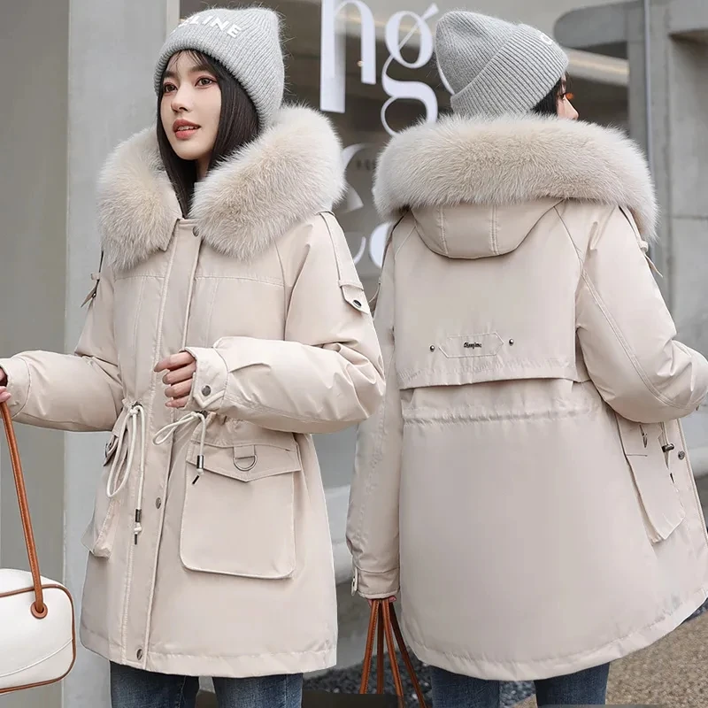 Winter Female Parkas 2024 New Detachable Inner Cotton Jacket Women\'s Thicken Fur Collar Hooded Coat Warm Snow Wear Long Parkas