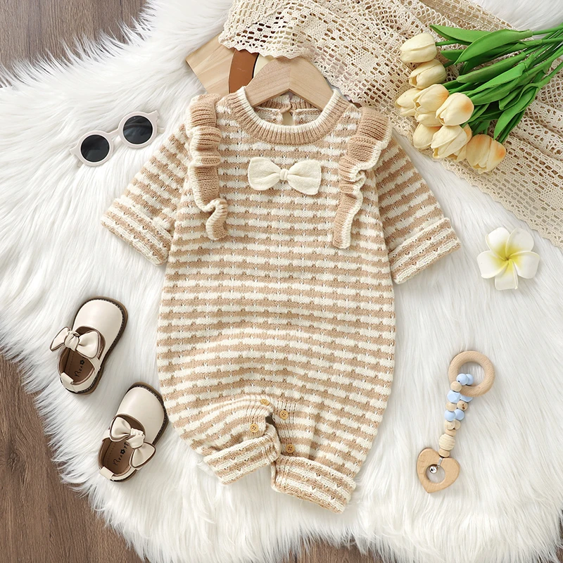 

Infant Baby Rompers Clothes 0-18m Spring Autumn Winter Camel Long Sleeve Knit Newborn Girls Jumpsuits One Pieces Children's Wear