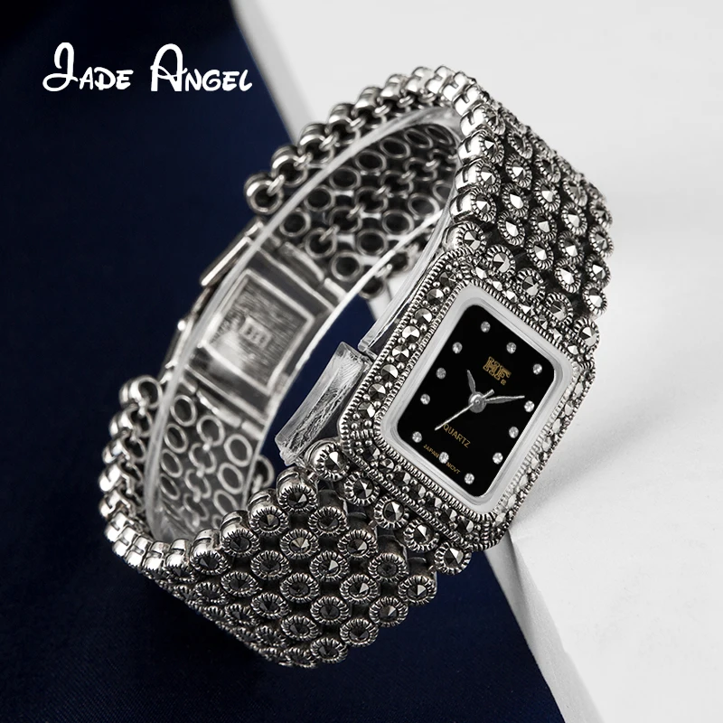 JADE ANGEL 925 Sterling Silver Ladies Vintage Oblong Quartz Watch Bracelet Classic Entry Lux High Quality Jewelry For Gift