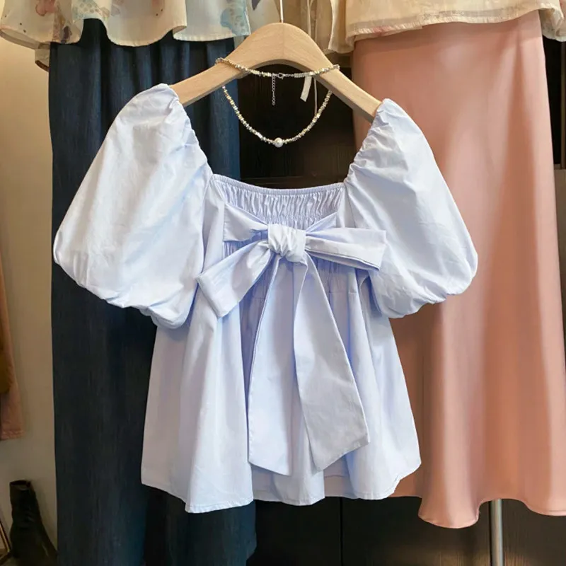 

Blue Doll Shirt Women's Bubble Sleeve Blouse Sweet Button Knot Short Sleeve Casual Top for Young Girls Summer Fashion