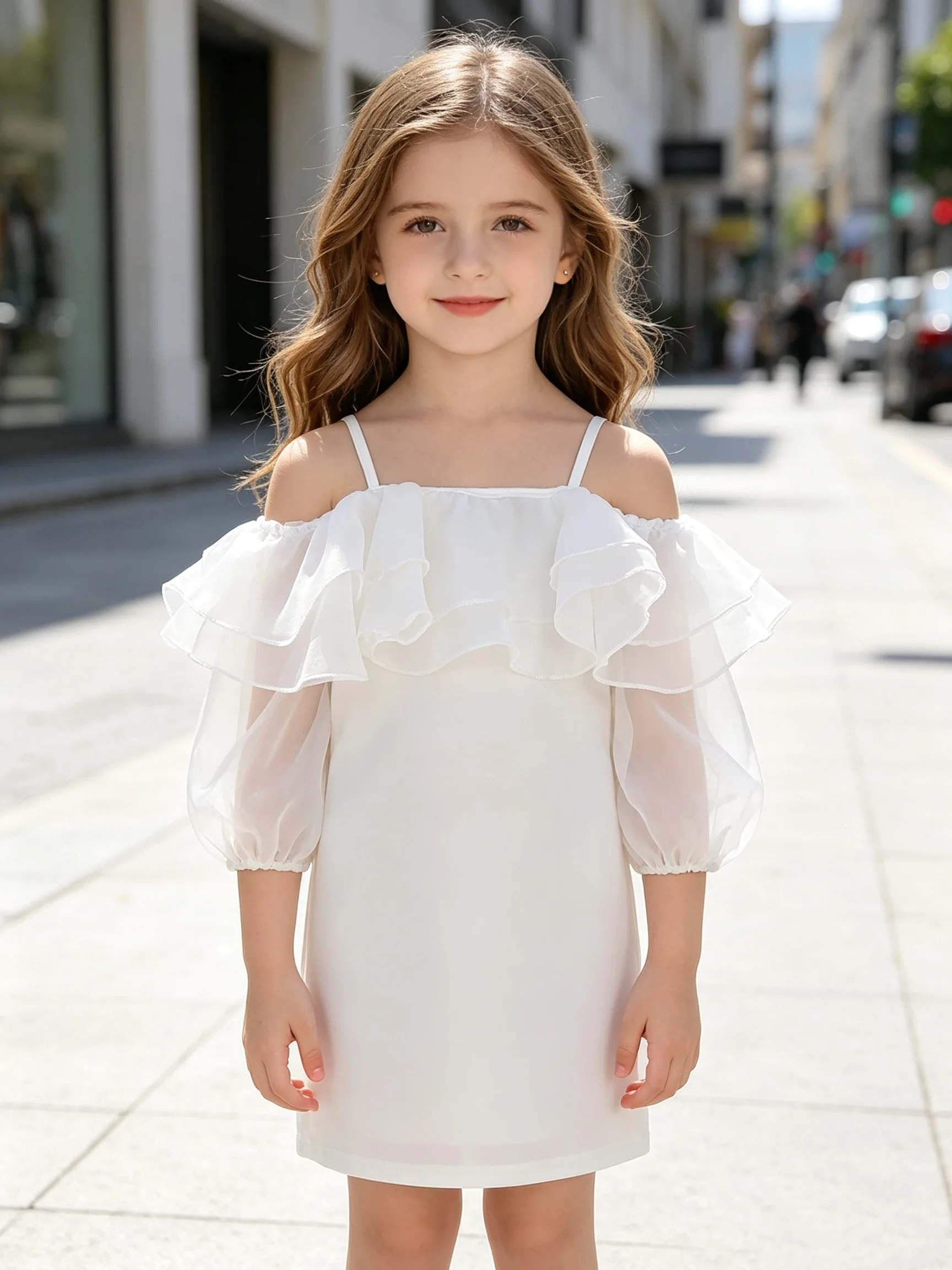 Toddler Girls Elegant White Off Shoulder Dress Double Ruffle Trim Puff Sleeve Bodycon Mini Dress For Birthday Wedding Event