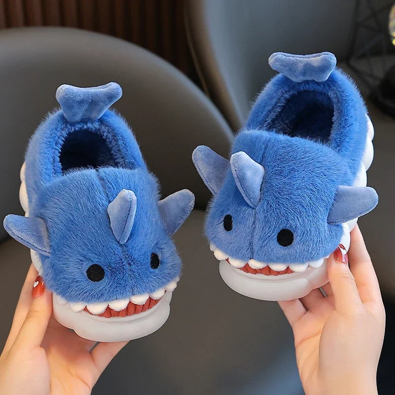 Winter Wrap Heels Plush Slippers Children\'s Cute Cartoon Shark Non-slip Soft Sole Kids Boys Girls Junior Warm Home Cotton Shoes