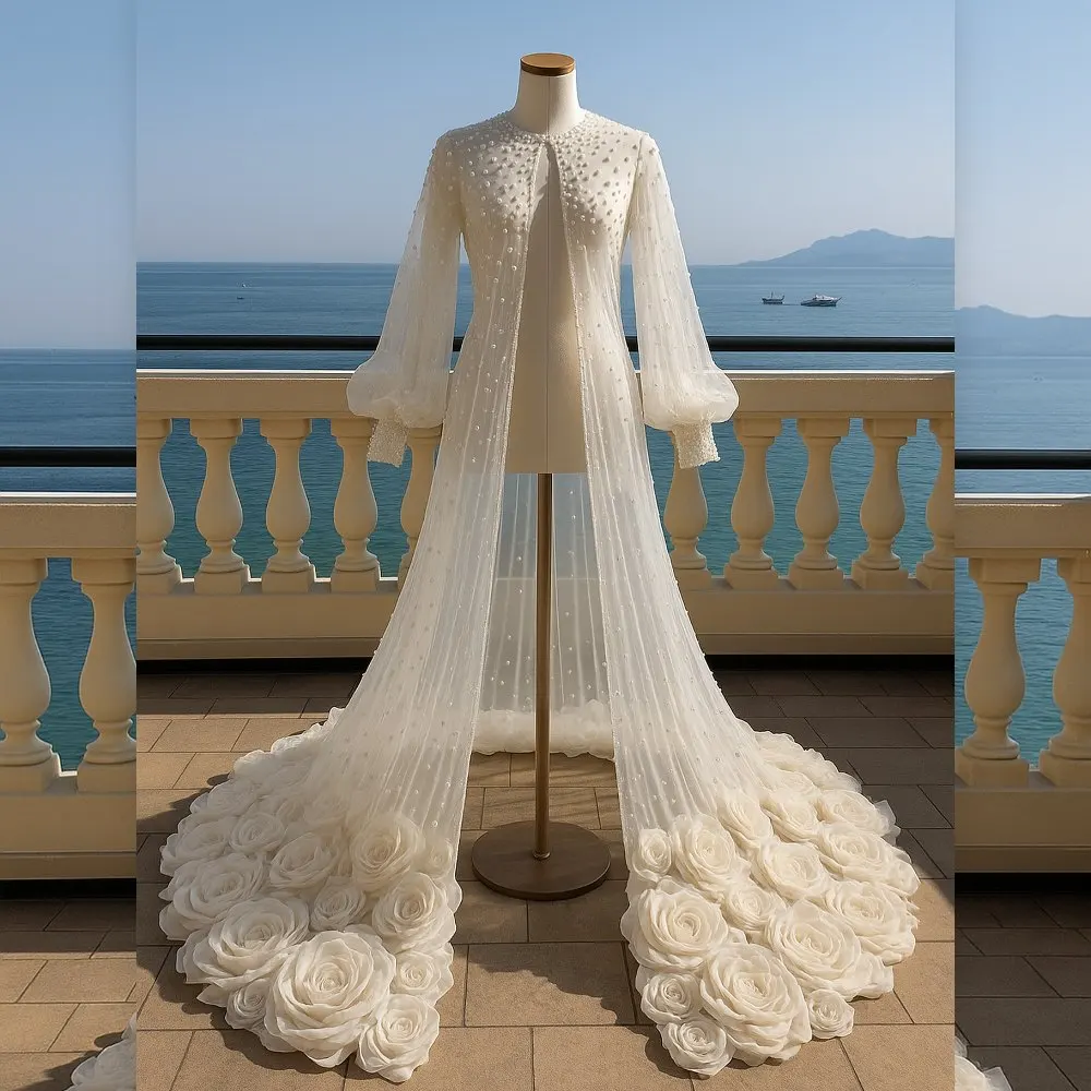 

Handmade Rose Flower Train Wedding Cape Long Sleeve Bridal Outerwear Pearl Beaded Long Sleeve Wedding Cape Wedding Jacket 2026