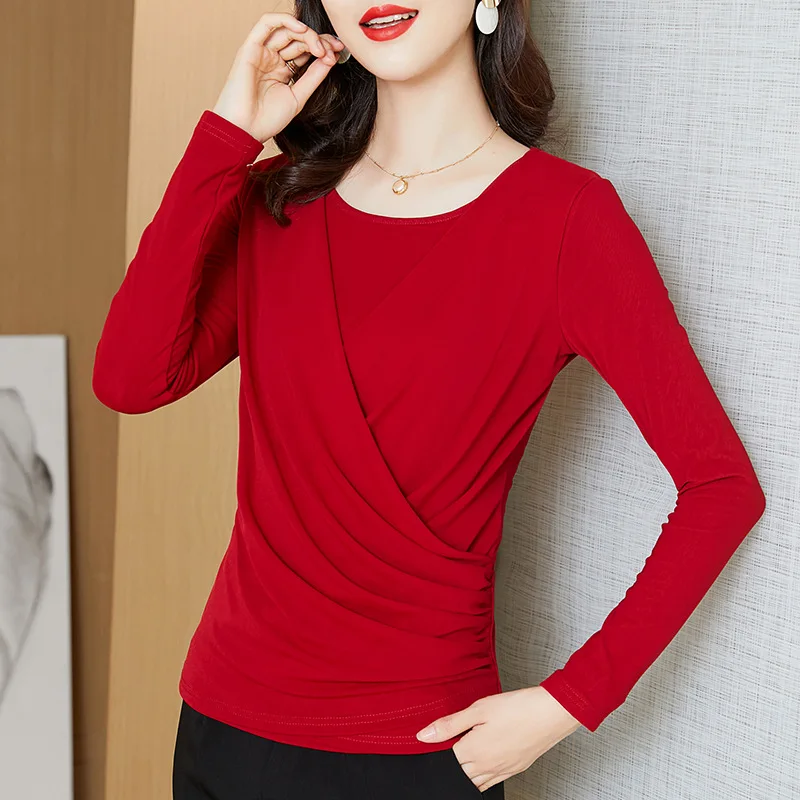 New Round Neck Cross Long Sleeved Women Bottom Shirt Fashion Casual Solid Color M-4XL Mesh Tops