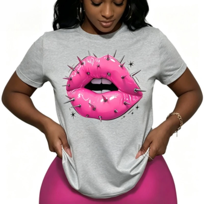 Women Cotton O‑Neck T‑Shirt Punk Spike Lips Graphic Tee Edgy Aesthetic Print Casual Short Sleeve Goth Ladies Daily Top