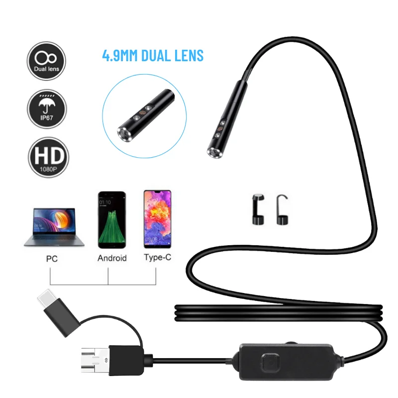 

4.9mm 720P 3 in 1 USB Endoscope Type-C Flexible Car Pipe Inspection Borescope Camera with 8 LED for OTG Android Phone PC Iphone